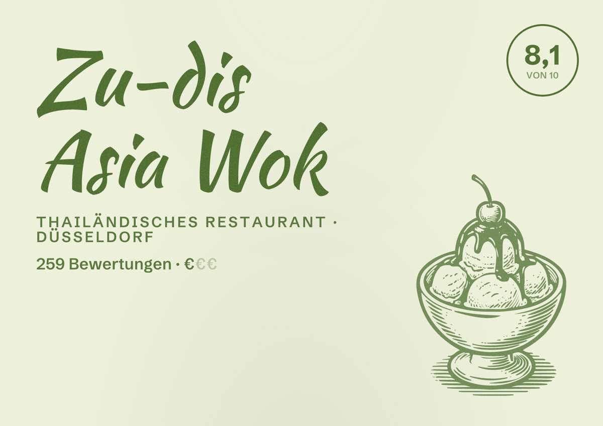 Illustriertes Poster von Zu-dis Asia Wok, Thailändisches Restaurant in Düsseldorf: Bewertung 8,1 von 10 aus 259 Bewertungen, Preisniveau €
