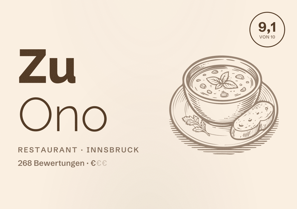 Illustriertes Poster von Zu Ono, Restaurant in Innsbruck: Bewertung 9,1 von 10 aus 268 Bewertungen, Preisniveau €