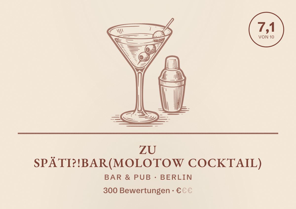 Illustriertes Poster von ZU SPÄTI?!Bar(Molotow Cocktail), Bar & Pub in Berlin: Bewertung 7,1 von 10 aus 300 Bewertungen, Preisniveau €