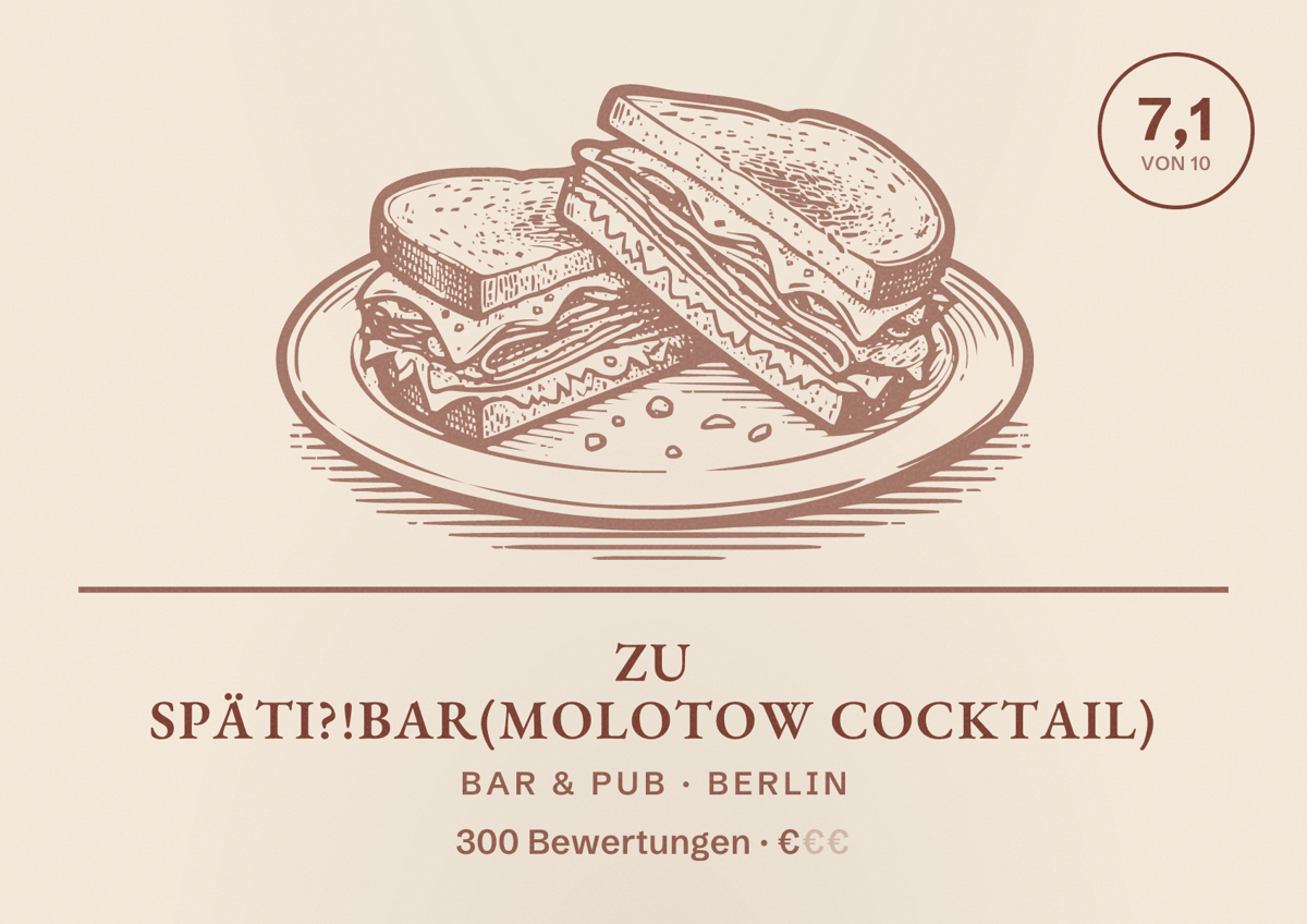 Illustriertes Poster von ZU SPÄTI?!Bar(Molotow Cocktail), Bar & Pub in Berlin: Bewertung 7,1 von 10 aus 300 Bewertungen, Preisniveau €