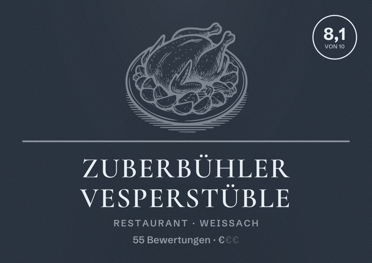 Illustriertes Poster von Zuberbühler Vesperstüble, Restaurant in Weissach: Bewertung 8,1 von 10 aus 55 Bewertungen, Preisniveau €