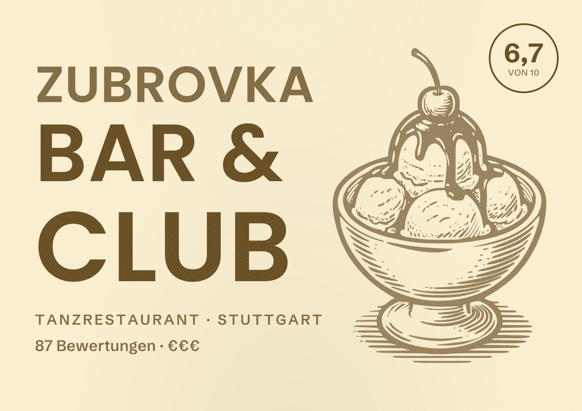 Illustriertes Poster von Zubrovka Bar & Club, Tanzrestaurant in Stuttgart: Bewertung 6,7 von 10 aus 87 Bewertungen, Preisniveau €€€