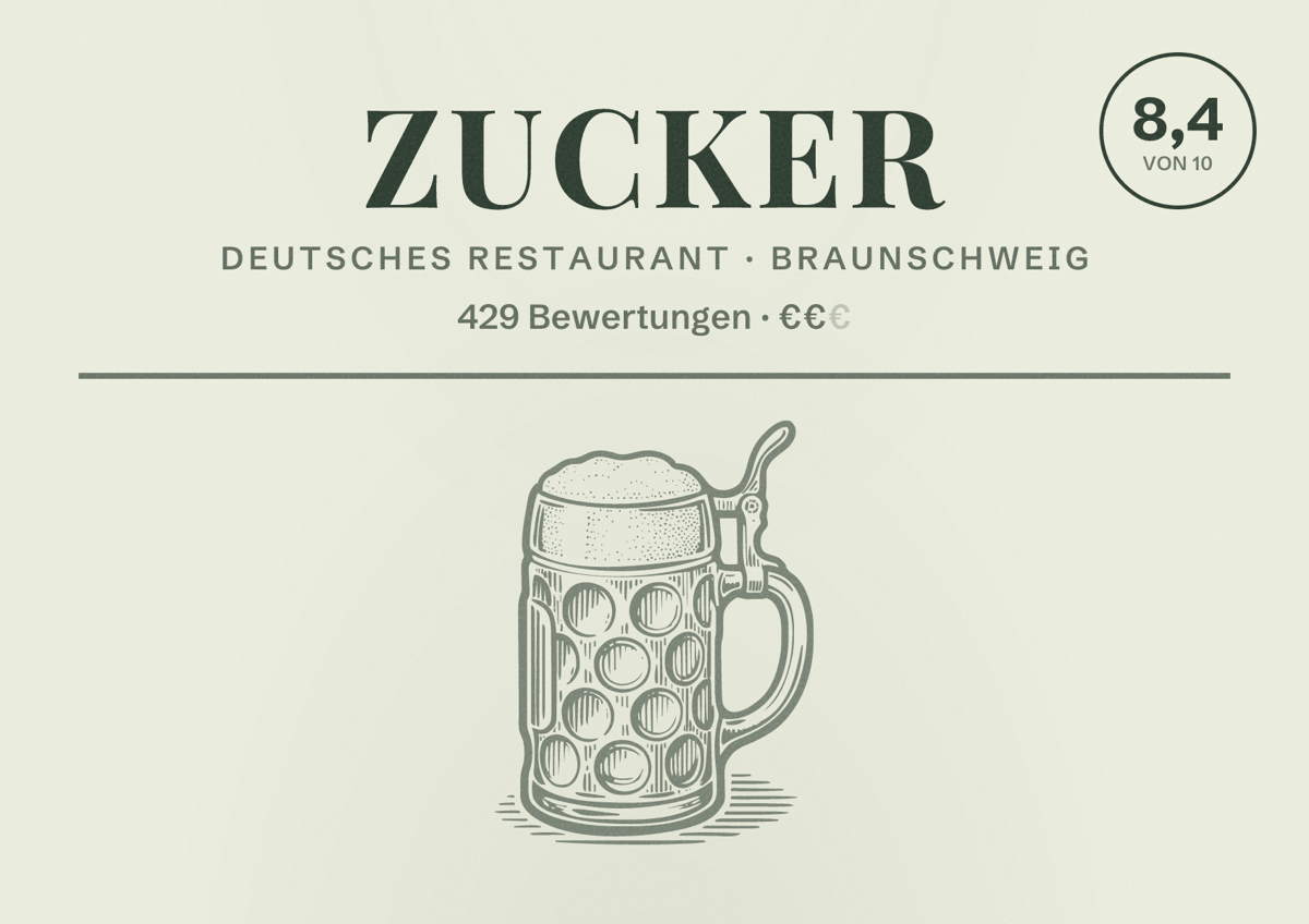 Illustriertes Poster von Zucker, Deutsches Restaurant in Braunschweig: Bewertung 8,4 von 10 aus 429 Bewertungen, Preisniveau €€