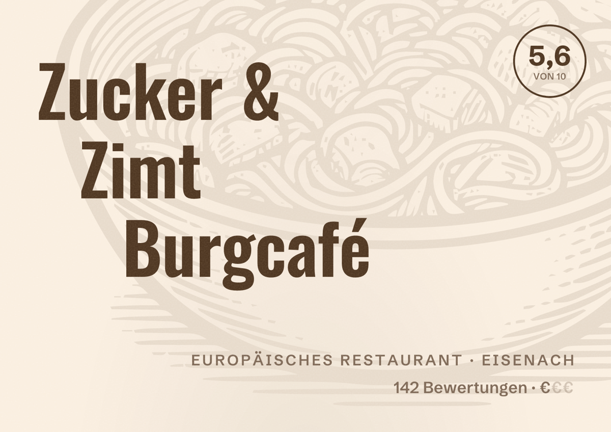 Illustriertes Poster von Zucker & Zimt Burgcafé, Europäisches Restaurant in Eisenach: Bewertung 5,6 von 10 aus 142 Bewertungen, Preisniveau €