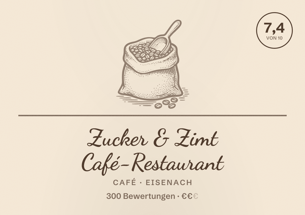 Illustriertes Poster von Zucker & Zimt Café-Restaurant, Café in Eisenach: Bewertung 7,4 von 10 aus 300 Bewertungen, Preisniveau €€