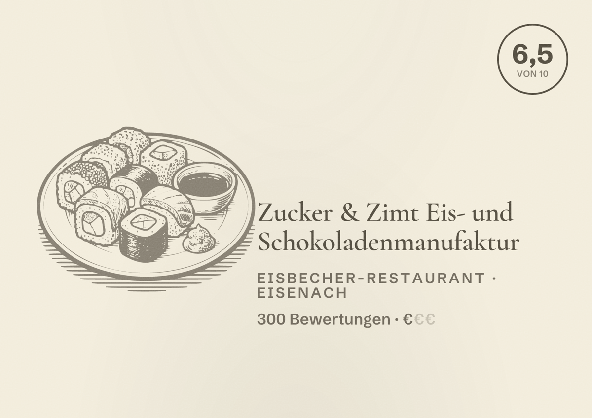 Illustriertes Poster von Zucker & Zimt Eis- und Schokoladenmanufaktur, Eisbecher-Restaurant in Eisenach: Bewertung 6,5 von 10 aus 300 Bewertungen, Preisniveau €
