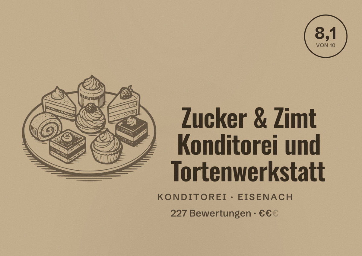 Illustriertes Poster von Zucker & Zimt Konditorei und Tortenwerkstatt, Konditorei in Eisenach: Bewertung 8,1 von 10 aus 227 Bewertungen, Preisniveau €€