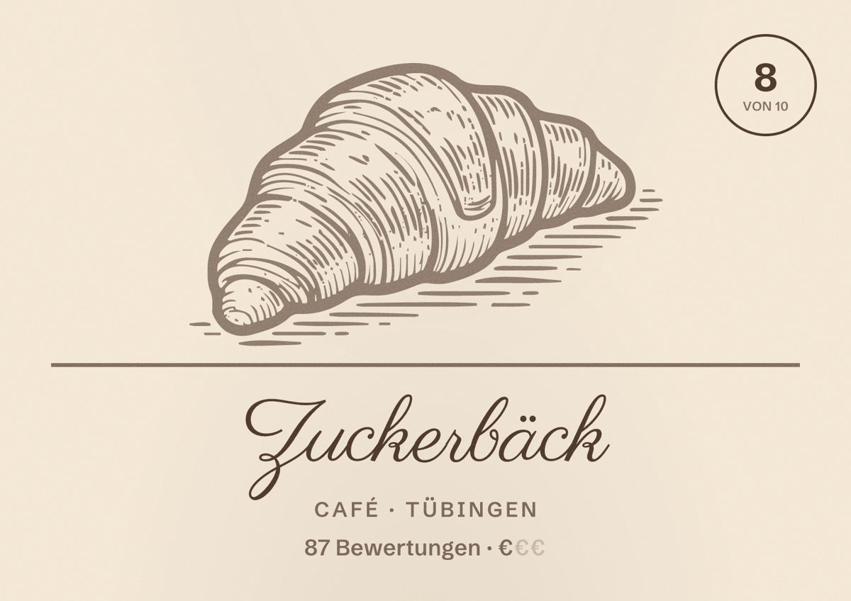 Illustriertes Poster von Zuckerbäck, Café in Tübingen: Bewertung 8 von 10 aus 87 Bewertungen, Preisniveau €