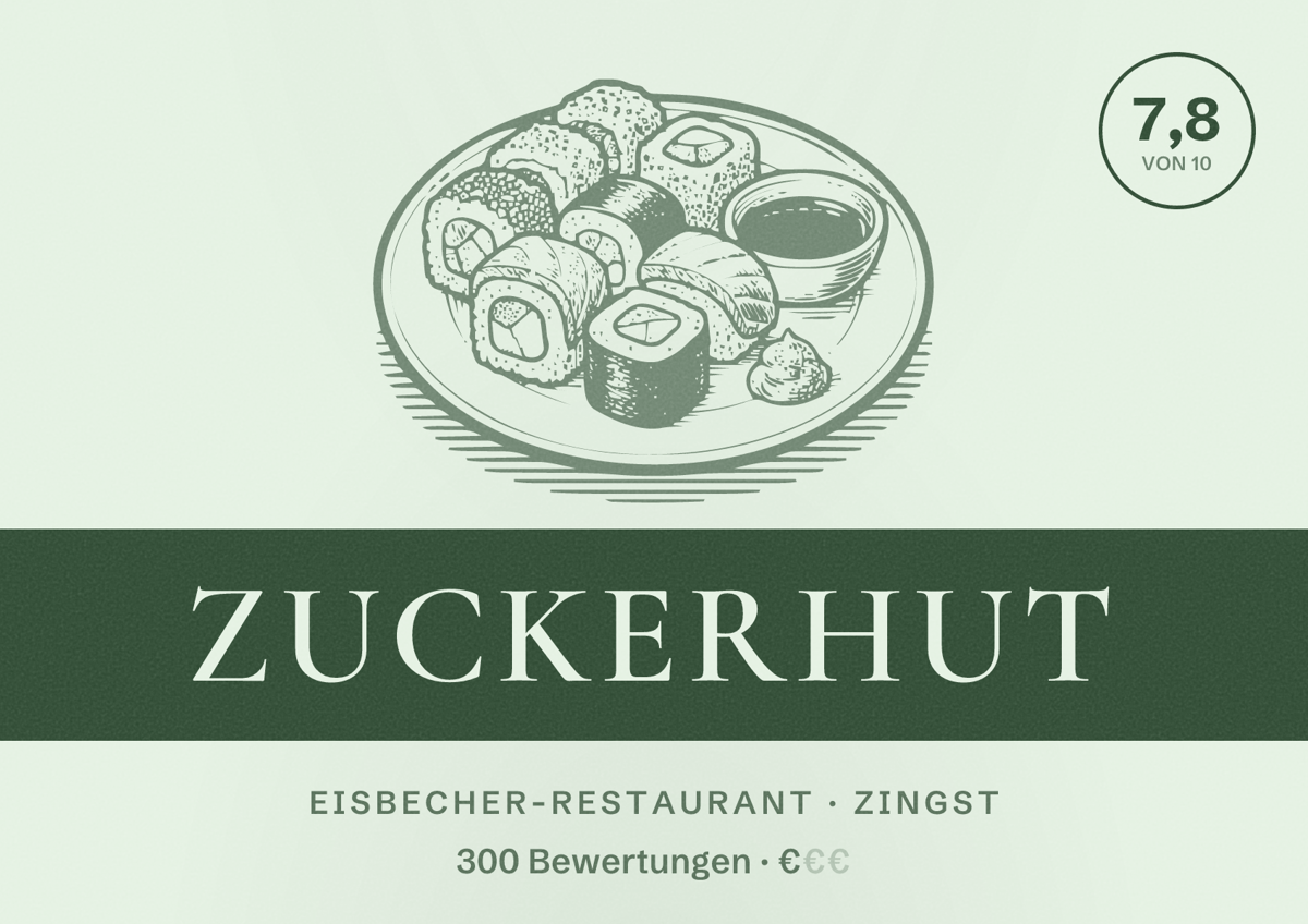 Illustriertes Poster von Zuckerhut, Eisbecher-Restaurant in Zingst: Bewertung 7,8 von 10 aus 300 Bewertungen, Preisniveau €