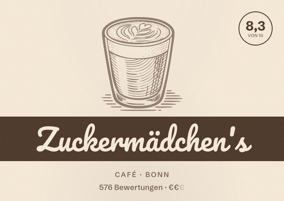 Illustriertes Poster von Zuckermädchen's, Café in Bonn: Bewertung 8,3 von 10 aus 576 Bewertungen, Preisniveau €€
