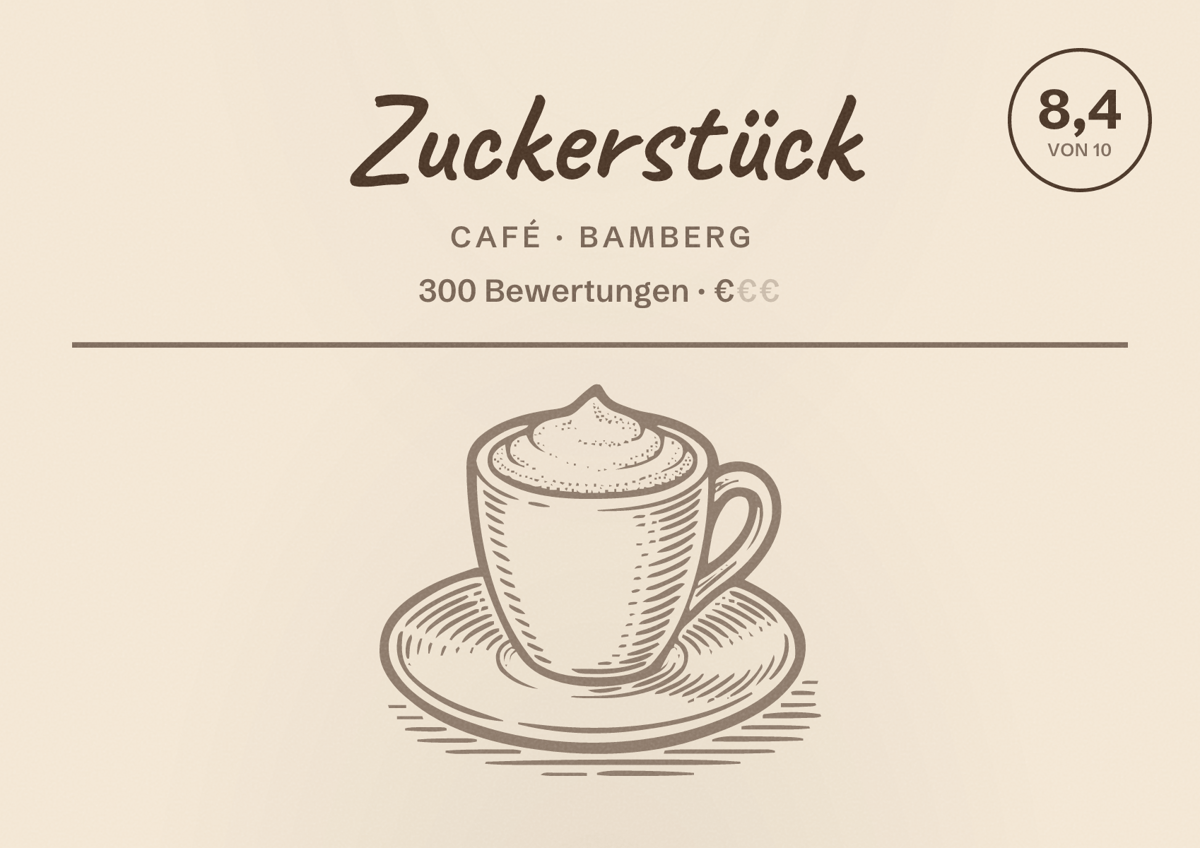 Illustriertes Poster von Zuckerstück, Café in Bamberg: Bewertung 8,4 von 10 aus 300 Bewertungen, Preisniveau €
