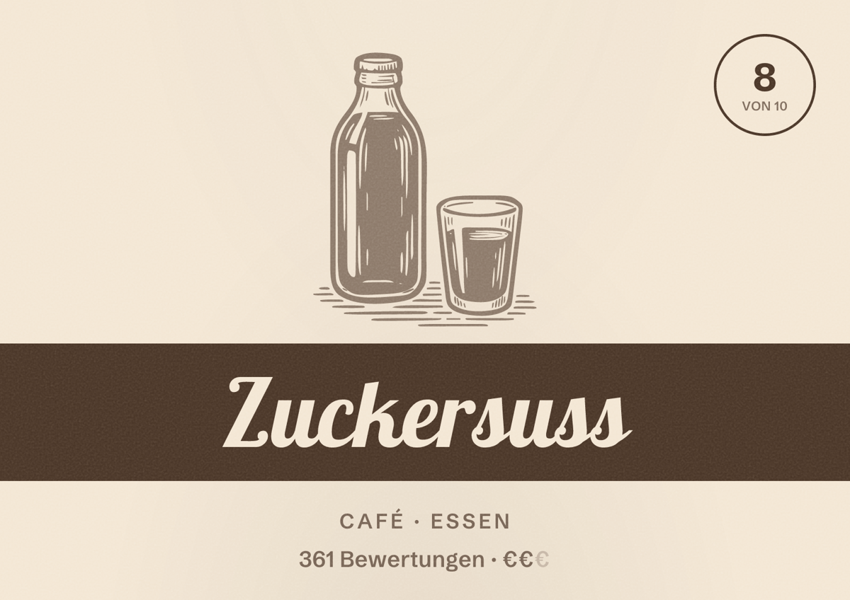 Illustriertes Poster von Zuckersuss, Café in Essen: Bewertung 8 von 10 aus 361 Bewertungen, Preisniveau €€