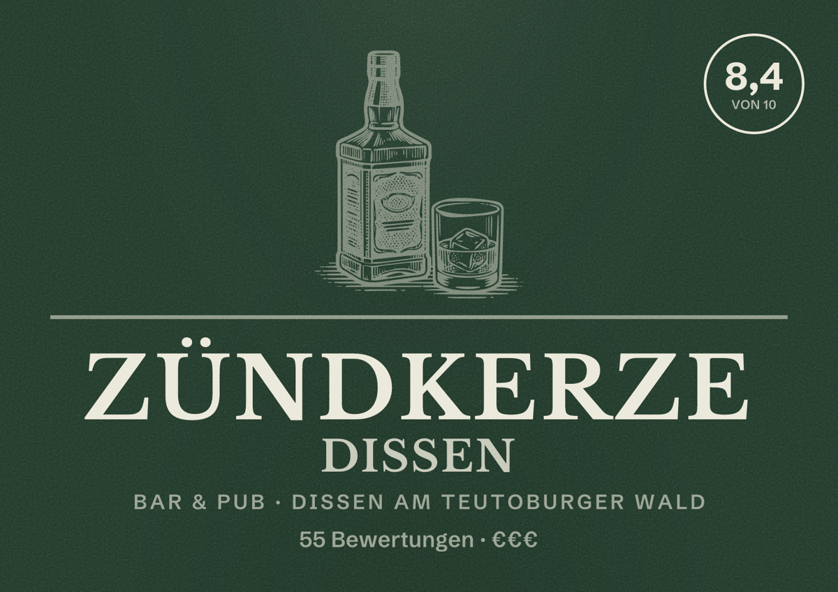 Illustriertes Poster von Zündkerze Dissen, Bar & Pub in Dissen am Teutoburger Wald: Bewertung 8,4 von 10 aus 55 Bewertungen, Preisniveau €€€