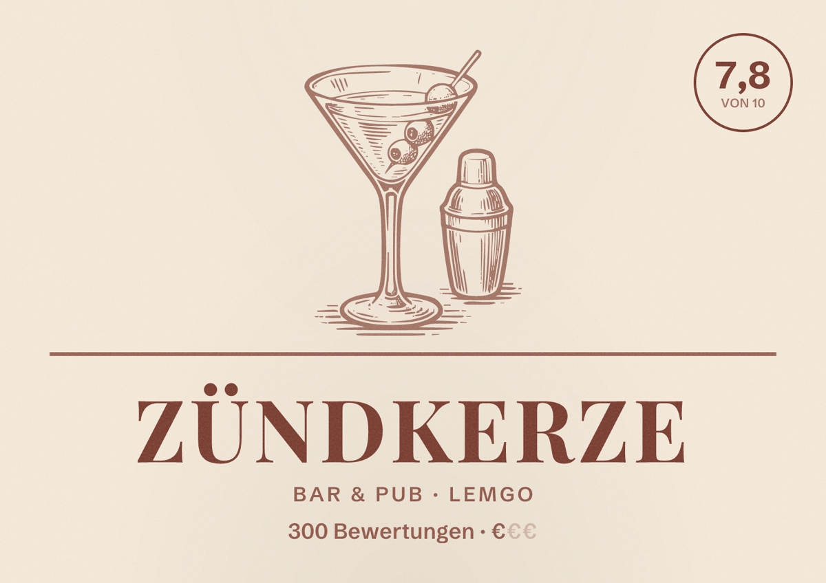 Illustriertes Poster von Zündkerze, Bar & Pub in Lemgo: Bewertung 7,8 von 10 aus 300 Bewertungen, Preisniveau €