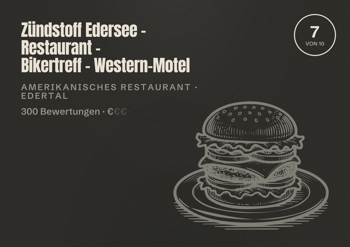 Illustriertes Poster von Zündstoff Edersee - Restaurant - Bikertreff - Western-Motel, Amerikanisches Restaurant in Edertal: Bewertung 7 von 10 aus 300 Bewertungen, Preisniveau €