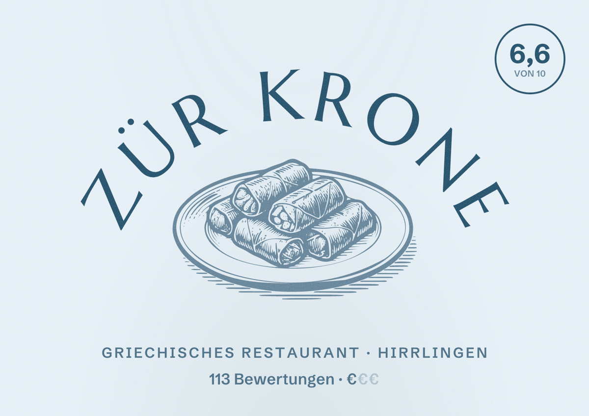 Illustriertes Poster von Zür Krone, Griechisches Restaurant in Hirrlingen: Bewertung 6,6 von 10 aus 113 Bewertungen, Preisniveau €