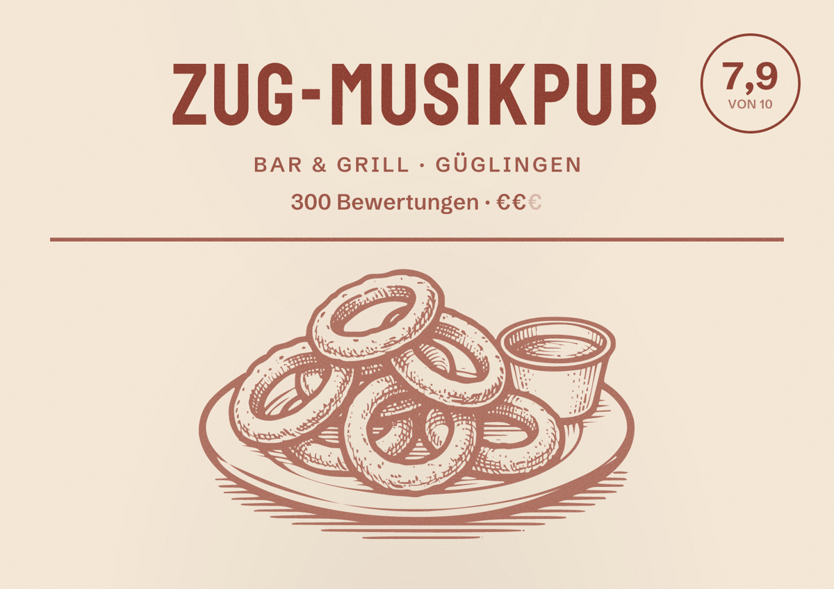 Illustriertes Poster von ZUG-Musikpub, Bar & Grill in Güglingen: Bewertung 7,9 von 10 aus 300 Bewertungen, Preisniveau €€
