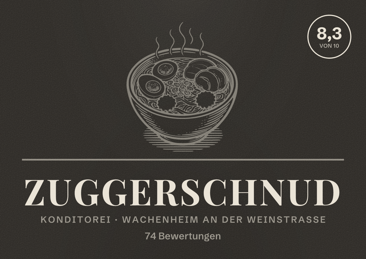 Illustriertes Poster von Zuggerschnud, Konditorei in Wachenheim an der Weinstraße: Bewertung 8,3 von 10 aus 74 Bewertungen