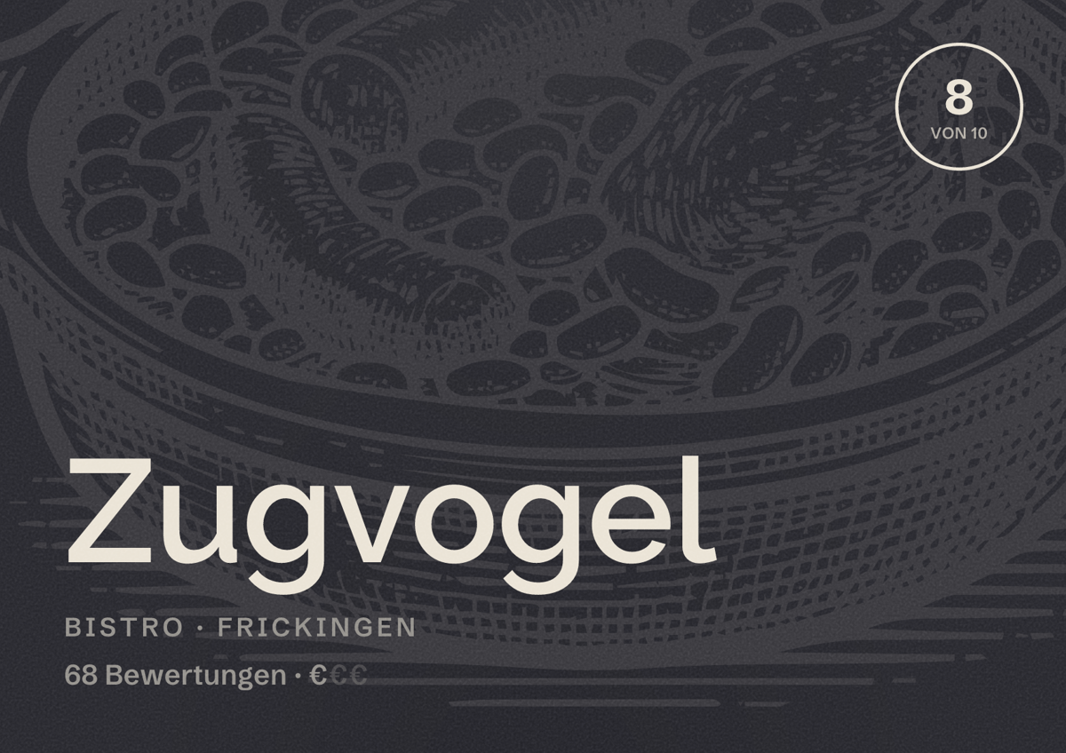 Illustriertes Poster von Zugvogel, Bistro in Frickingen: Bewertung 8 von 10 aus 68 Bewertungen, Preisniveau €