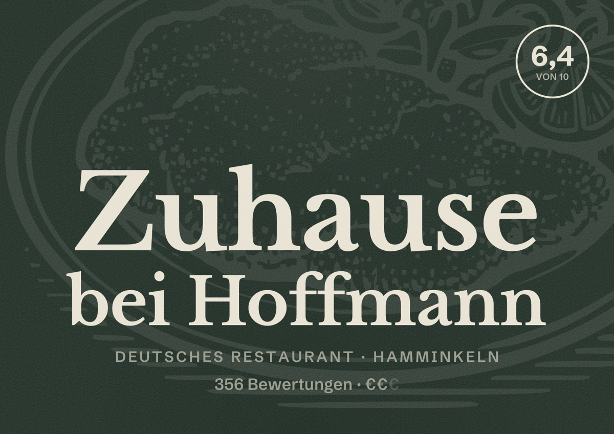 Illustriertes Poster von Zuhause bei Hoffmann, Deutsches Restaurant in Hamminkeln: Bewertung 6,4 von 10 aus 356 Bewertungen, Preisniveau €€
