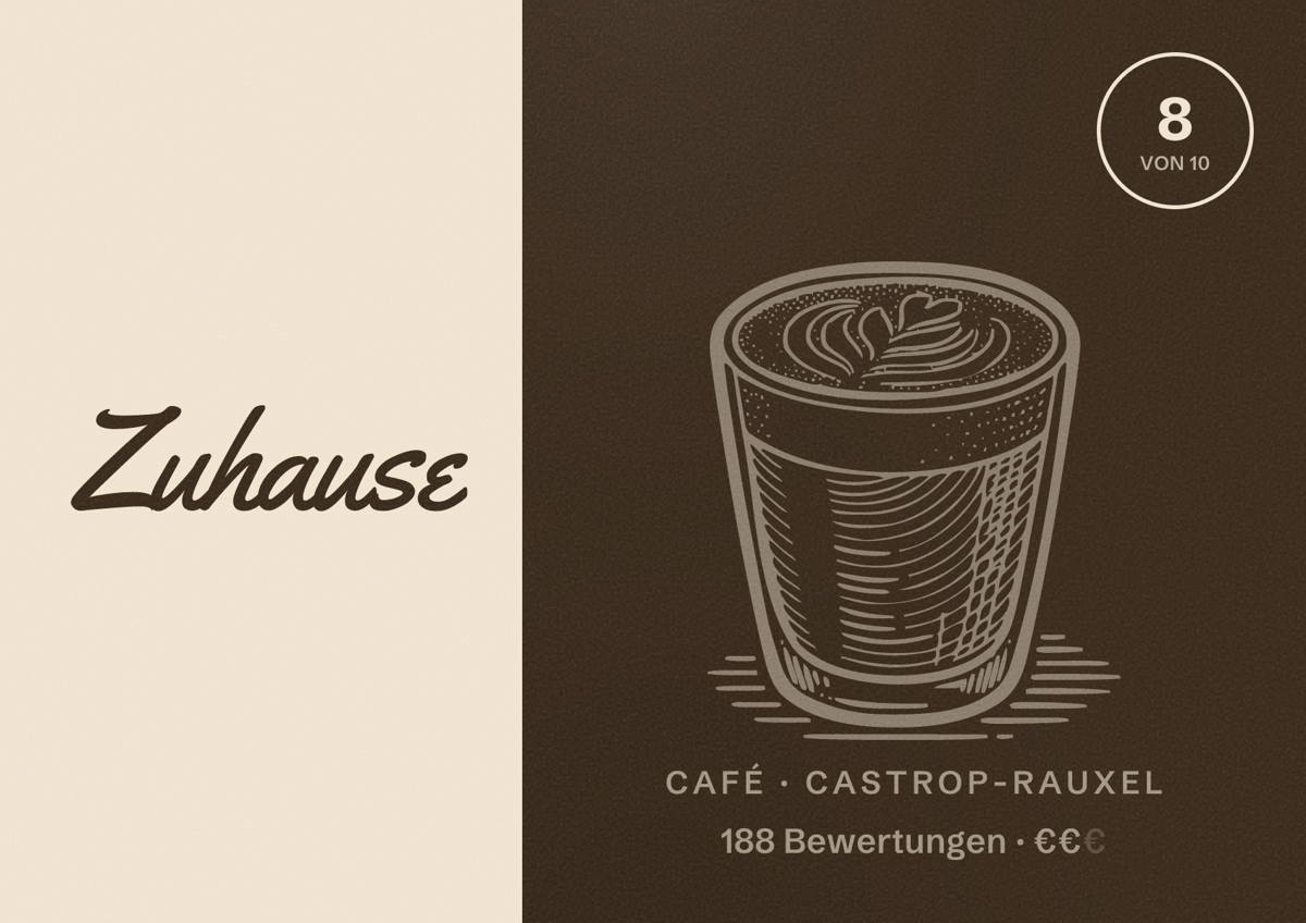 Illustriertes Poster von Zuhause, Café in Castrop-Rauxel: Bewertung 8,0 von 10 aus 188 Bewertungen, Preisniveau €€