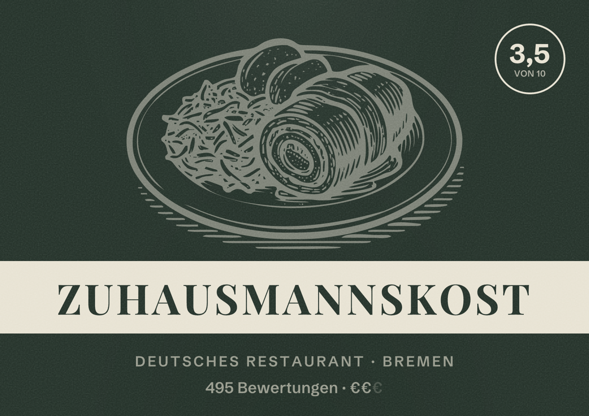 Illustriertes Poster von Zuhausmannskost, Deutsches Restaurant in Bremen: Bewertung 3,5 von 10 aus 495 Bewertungen, Preisniveau €€
