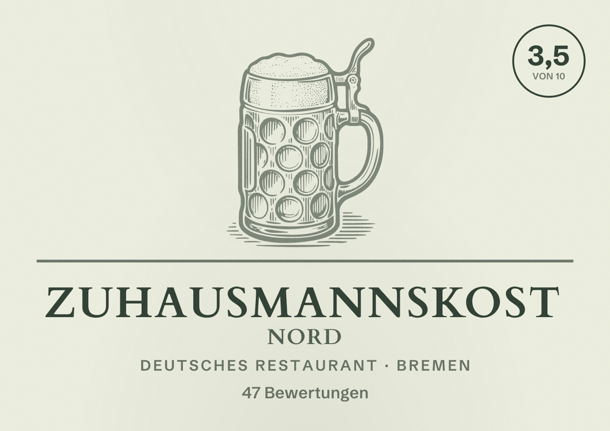Illustriertes Poster von Zuhausmannskost Nord, Deutsches Restaurant in Bremen: Bewertung 3,5 von 10 aus 47 Bewertungen