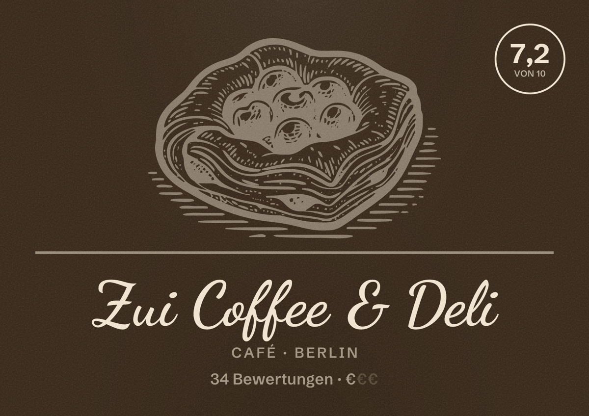 Illustriertes Poster von Zui Coffee & Deli, Café in Berlin: Bewertung 7,2 von 10 aus 34 Bewertungen, Preisniveau €