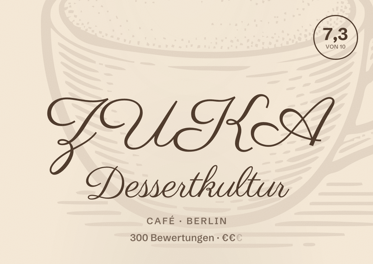 Illustriertes Poster von ZUKA Dessertkultur, Café in Berlin: Bewertung 7,3 von 10 aus 300 Bewertungen, Preisniveau €€