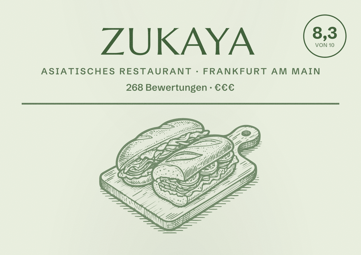 Illustriertes Poster von Zukaya, Asiatisches Restaurant in Frankfurt am Main: Bewertung 8,3 von 10 aus 268 Bewertungen, Preisniveau €€€