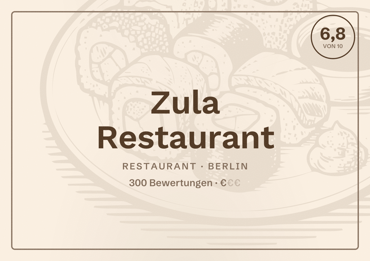 Illustriertes Poster von Zula Restaurant, Restaurant in Berlin: Bewertung 6,8 von 10 aus 300 Bewertungen, Preisniveau €