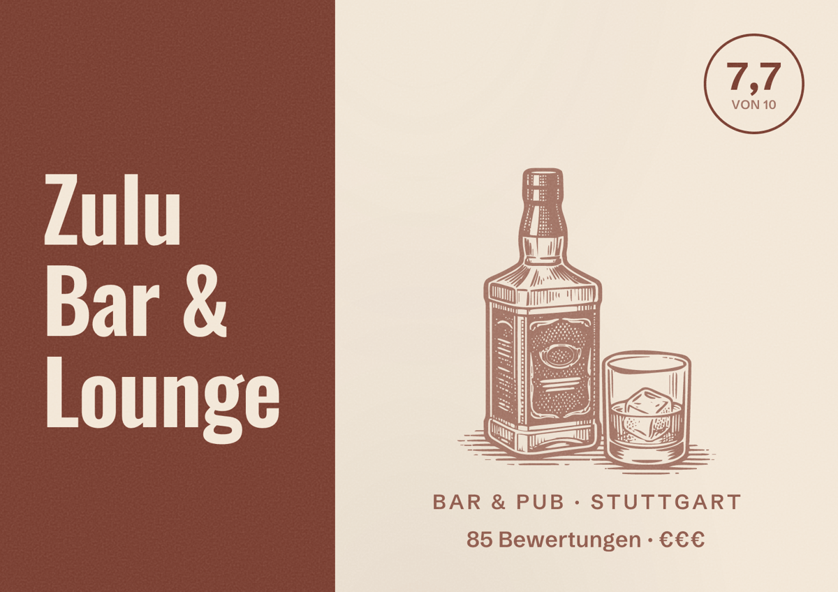 Illustriertes Poster von Zulu Bar & Lounge, Bar & Pub in Stuttgart: Bewertung 7,7 von 10 aus 85 Bewertungen, Preisniveau €€€