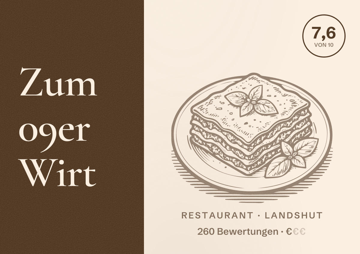 Illustriertes Poster von Zum 09er Wirt, Restaurant in Landshut: Bewertung 7,6 von 10 aus 260 Bewertungen, Preisniveau €