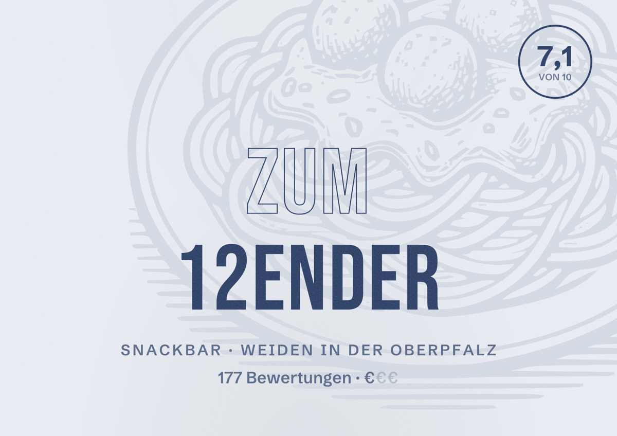 Illustriertes Poster von Zum 12ender, Snackbar in Weiden in der Oberpfalz: Bewertung 7,1 von 10 aus 177 Bewertungen, Preisniveau €
