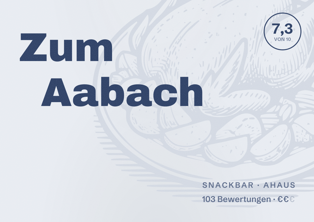 Illustriertes Poster von Zum Aabach, Snackbar in Ahaus: Bewertung 7,3 von 10 aus 103 Bewertungen, Preisniveau €€