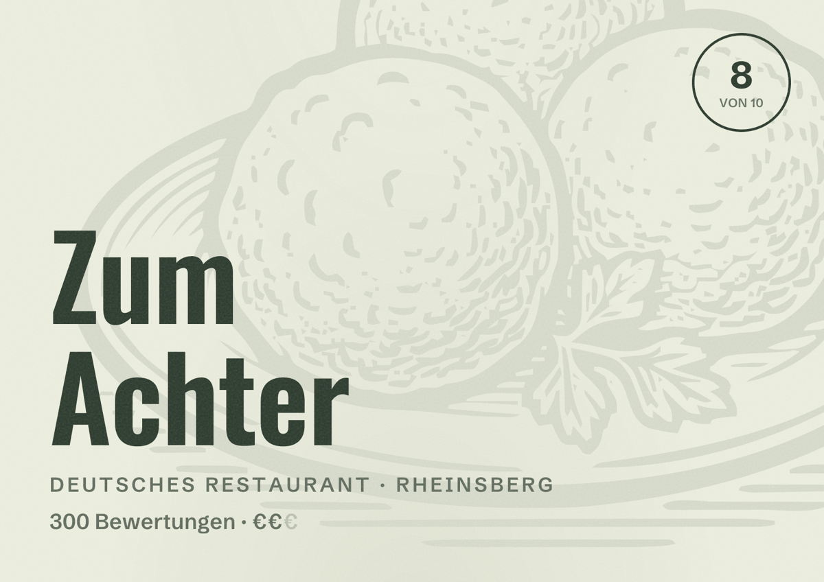 Illustriertes Poster von Zum Achter, Deutsches Restaurant in Rheinsberg: Bewertung 8 von 10 aus 300 Bewertungen, Preisniveau €€