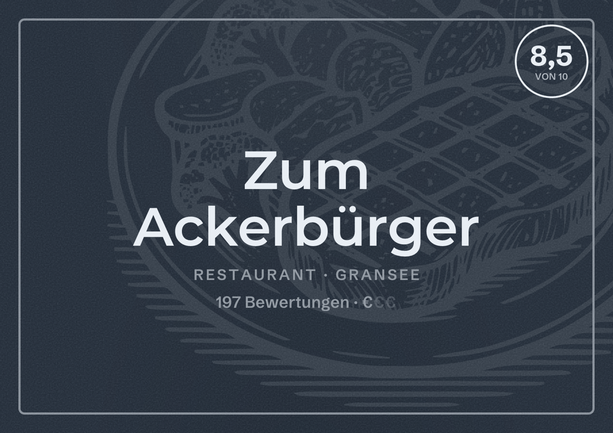 Illustriertes Poster von Zum Ackerbürger, Restaurant in Gransee: Bewertung 8,5 von 10 aus 197 Bewertungen, Preisniveau €