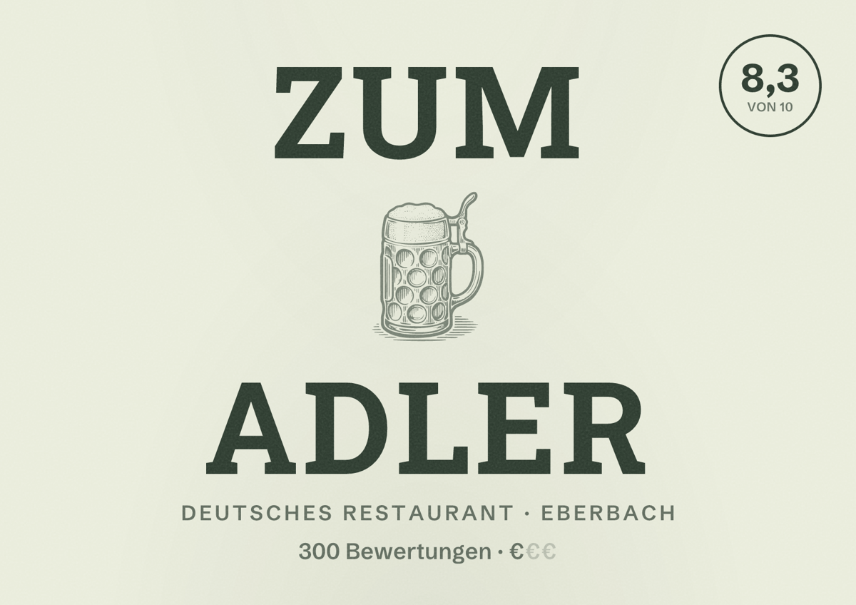 Illustriertes Poster von Zum Adler, Deutsches Restaurant in Eberbach: Bewertung 8,3 von 10 aus 300 Bewertungen, Preisniveau €