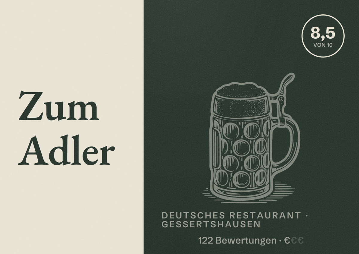 Illustriertes Poster von Zum Adler, Deutsches Restaurant in Gessertshausen: Bewertung 8,5 von 10 aus 122 Bewertungen, Preisniveau €