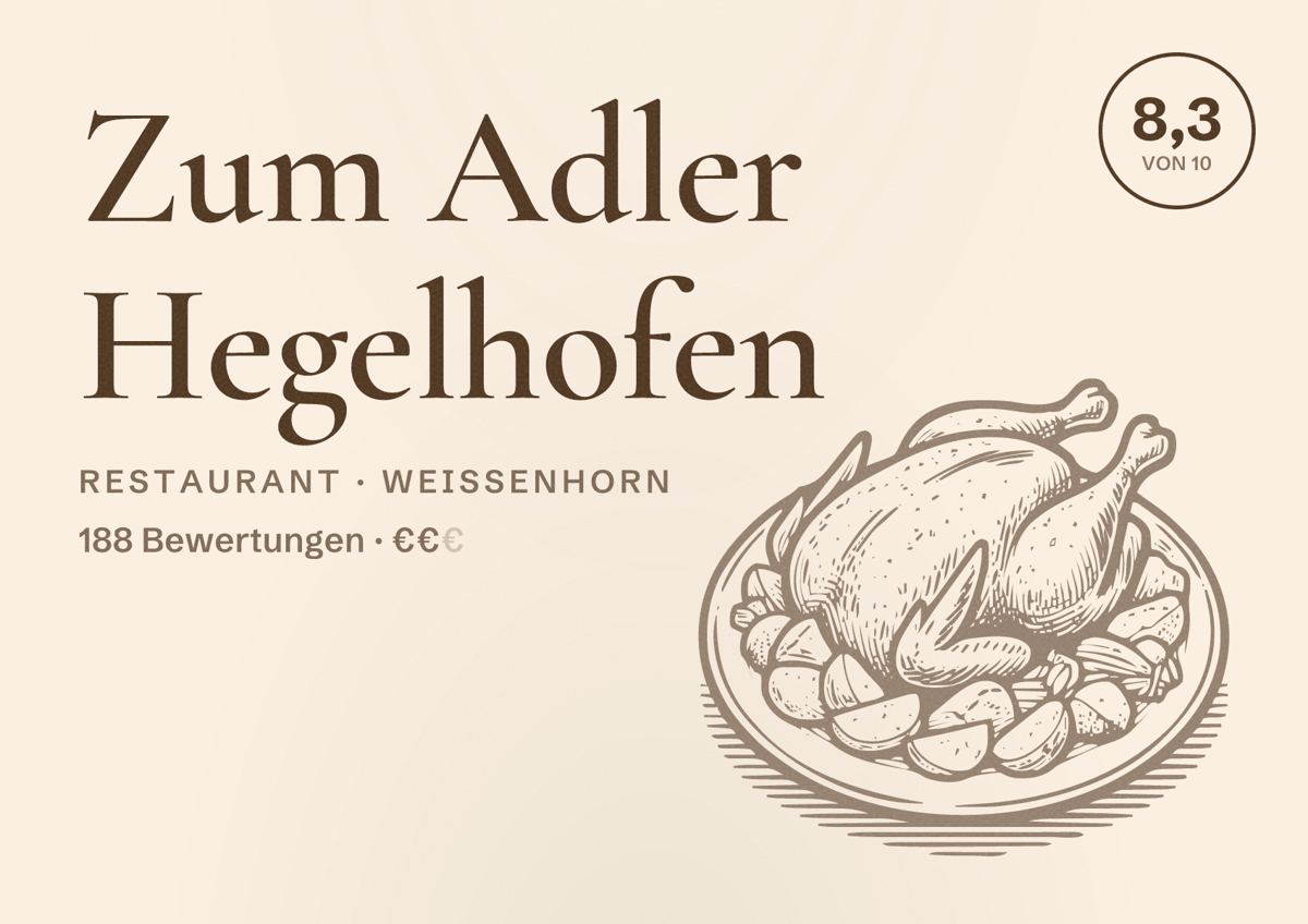 Illustriertes Poster von Zum Adler Hegelhofen, Restaurant in Weißenhorn: Bewertung 8,3 von 10 aus 188 Bewertungen, Preisniveau €€