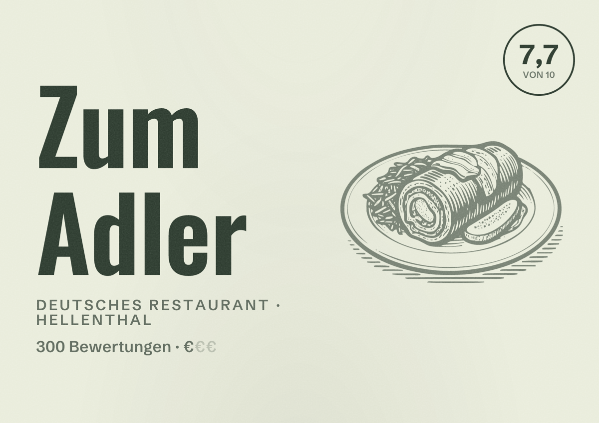 Illustriertes Poster von Zum Adler, Deutsches Restaurant in Hellenthal: Bewertung 7,7 von 10 aus 300 Bewertungen, Preisniveau €