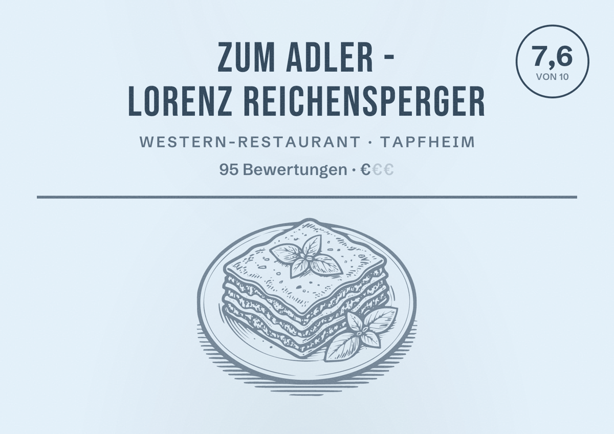 Illustriertes Poster von Zum Adler - Lorenz Reichensperger, Western-Restaurant in Tapfheim: Bewertung 7,6 von 10 aus 95 Bewertungen, Preisniveau €