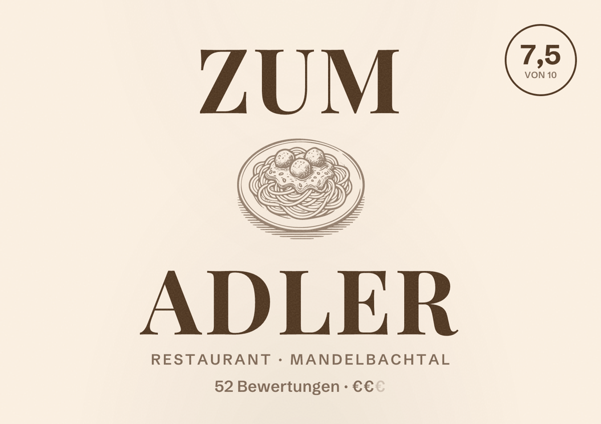 Illustriertes Poster von Zum Adler, Restaurant in Mandelbachtal: Bewertung 7,5 von 10 aus 52 Bewertungen, Preisniveau €€