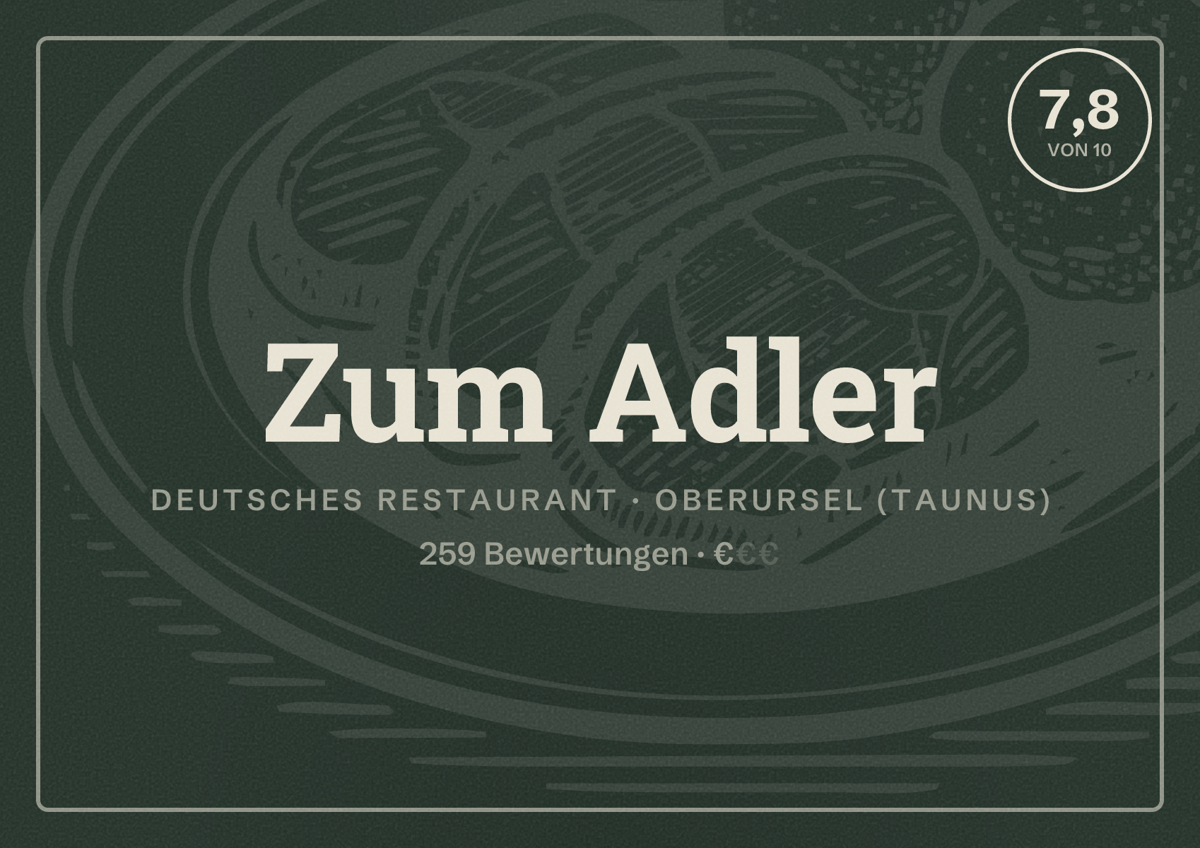 Illustriertes Poster von Zum Adler, Deutsches Restaurant in Oberursel (Taunus): Bewertung 7,8 von 10 aus 259 Bewertungen, Preisniveau €