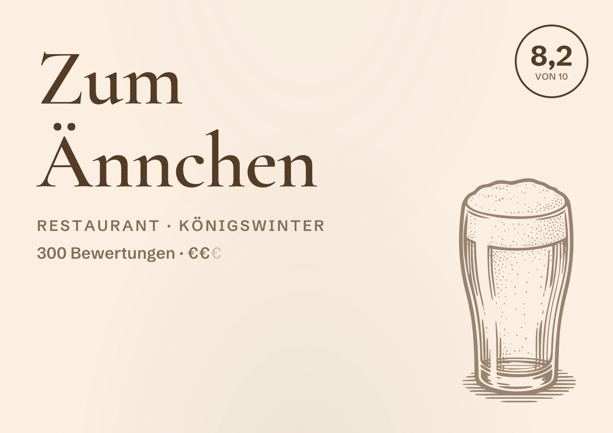 Illustriertes Poster von Zum Ännchen, Restaurant in Königswinter: Bewertung 8,2 von 10 aus 300 Bewertungen, Preisniveau €€