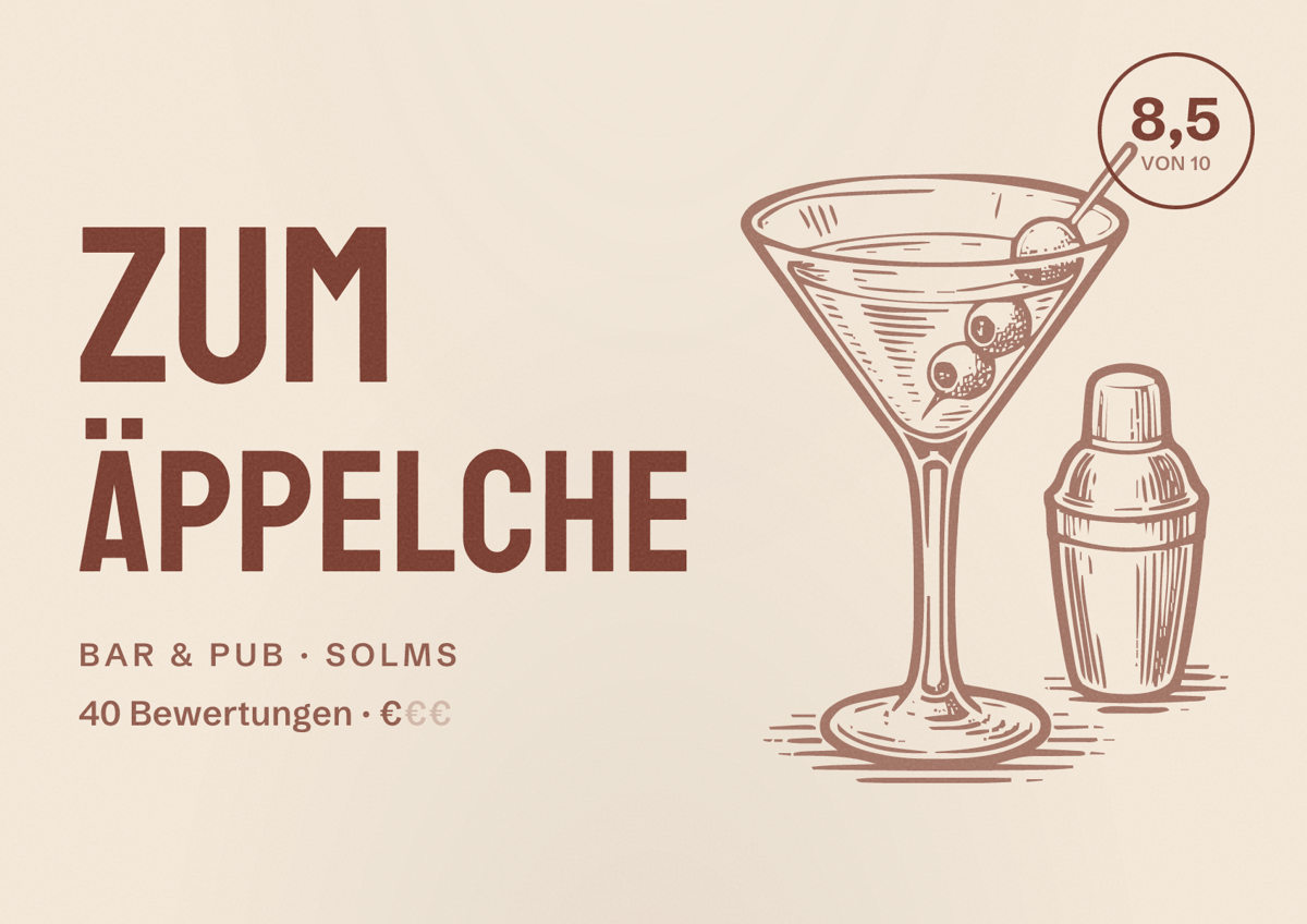 Illustriertes Poster von Zum Äppelche, Bar & Pub in Solms: Bewertung 8,5 von 10 aus 40 Bewertungen, Preisniveau €