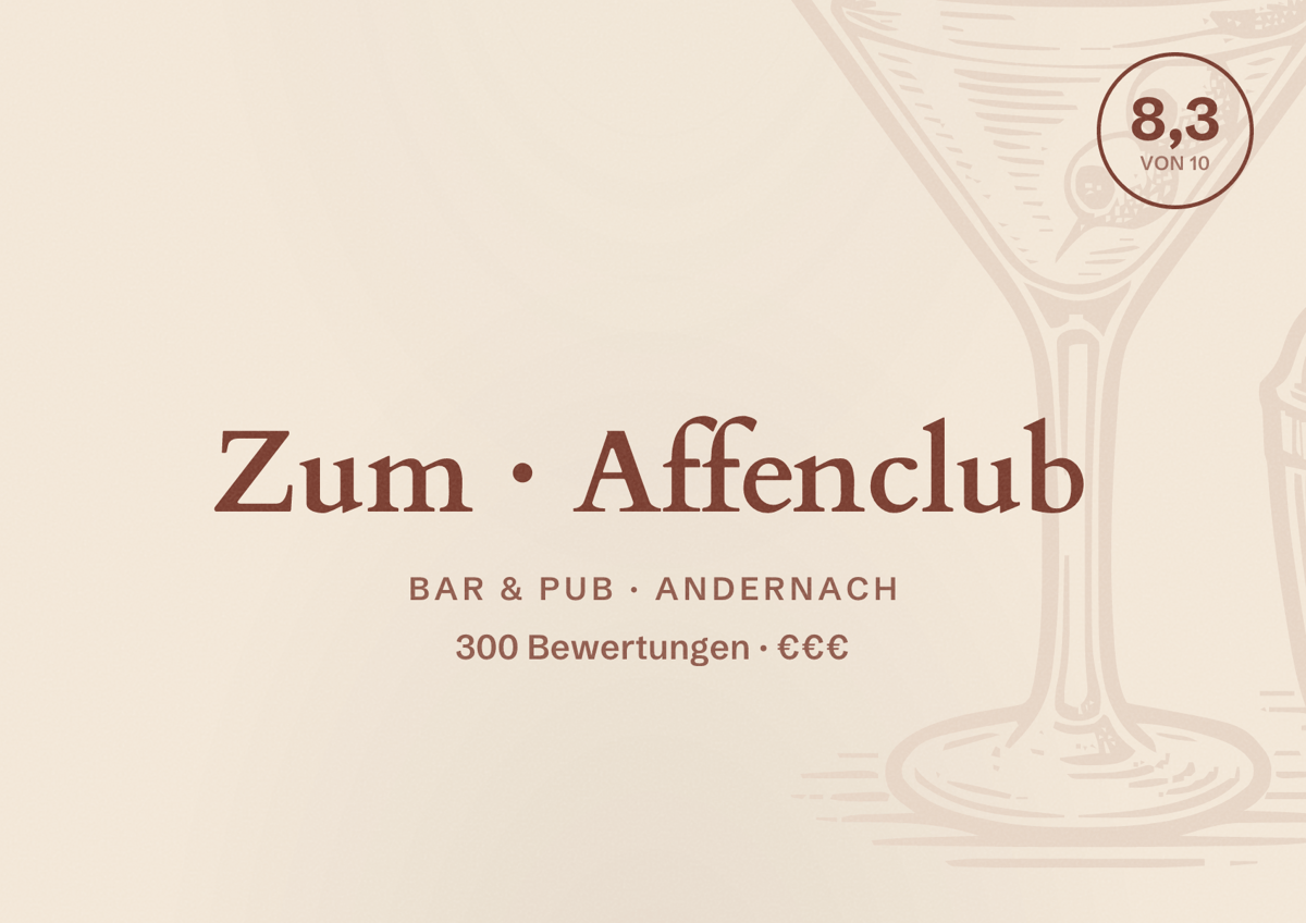 Illustriertes Poster von Zum Affenclub, Bar & Pub in Andernach: Bewertung 8,3 von 10 aus 300 Bewertungen, Preisniveau €€€