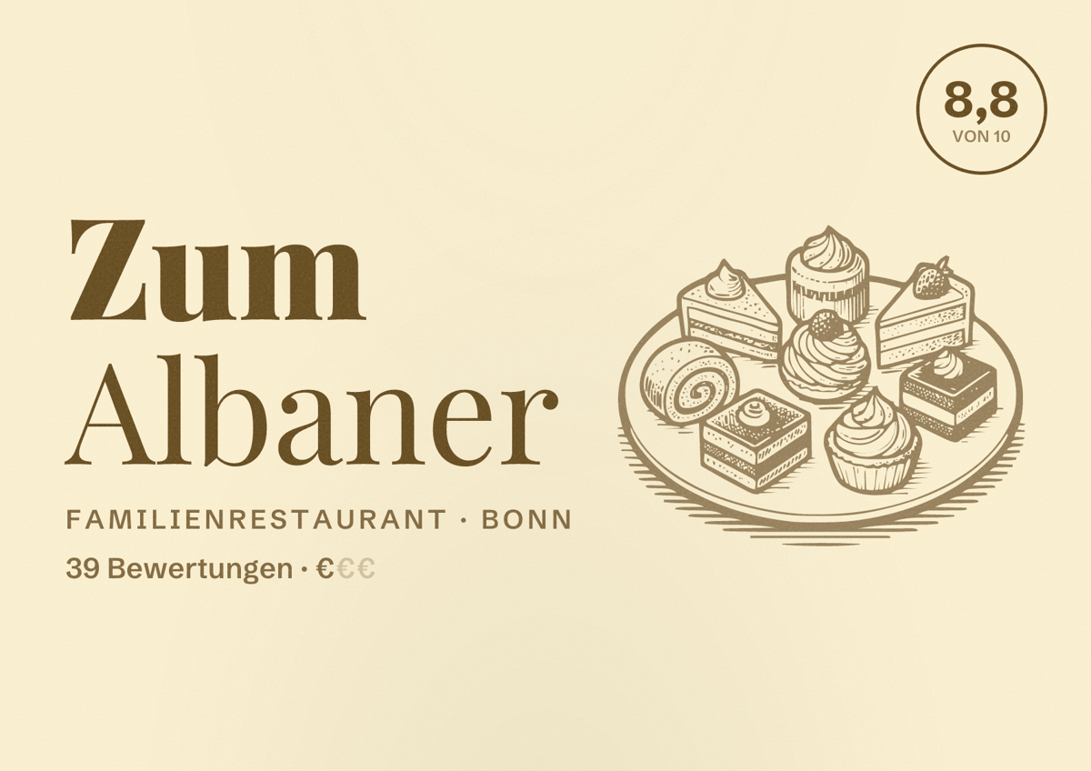 Illustriertes Poster von Zum Albaner, Familienrestaurant in Bonn: Bewertung 8,8 von 10 aus 39 Bewertungen, Preisniveau €