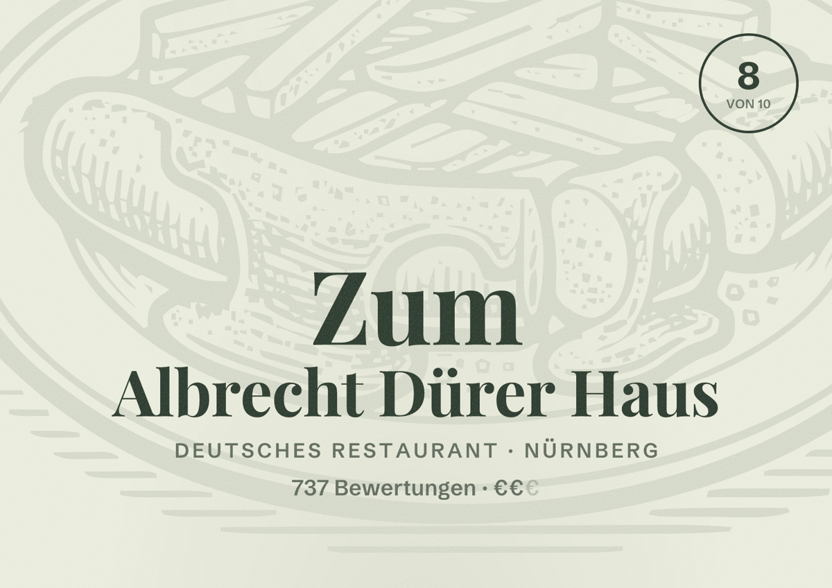 Illustriertes Poster von Zum Albrecht Dürer Haus, Deutsches Restaurant in Nürnberg: Bewertung 8,0 von 10 aus 737 Bewertungen, Preisniveau €€