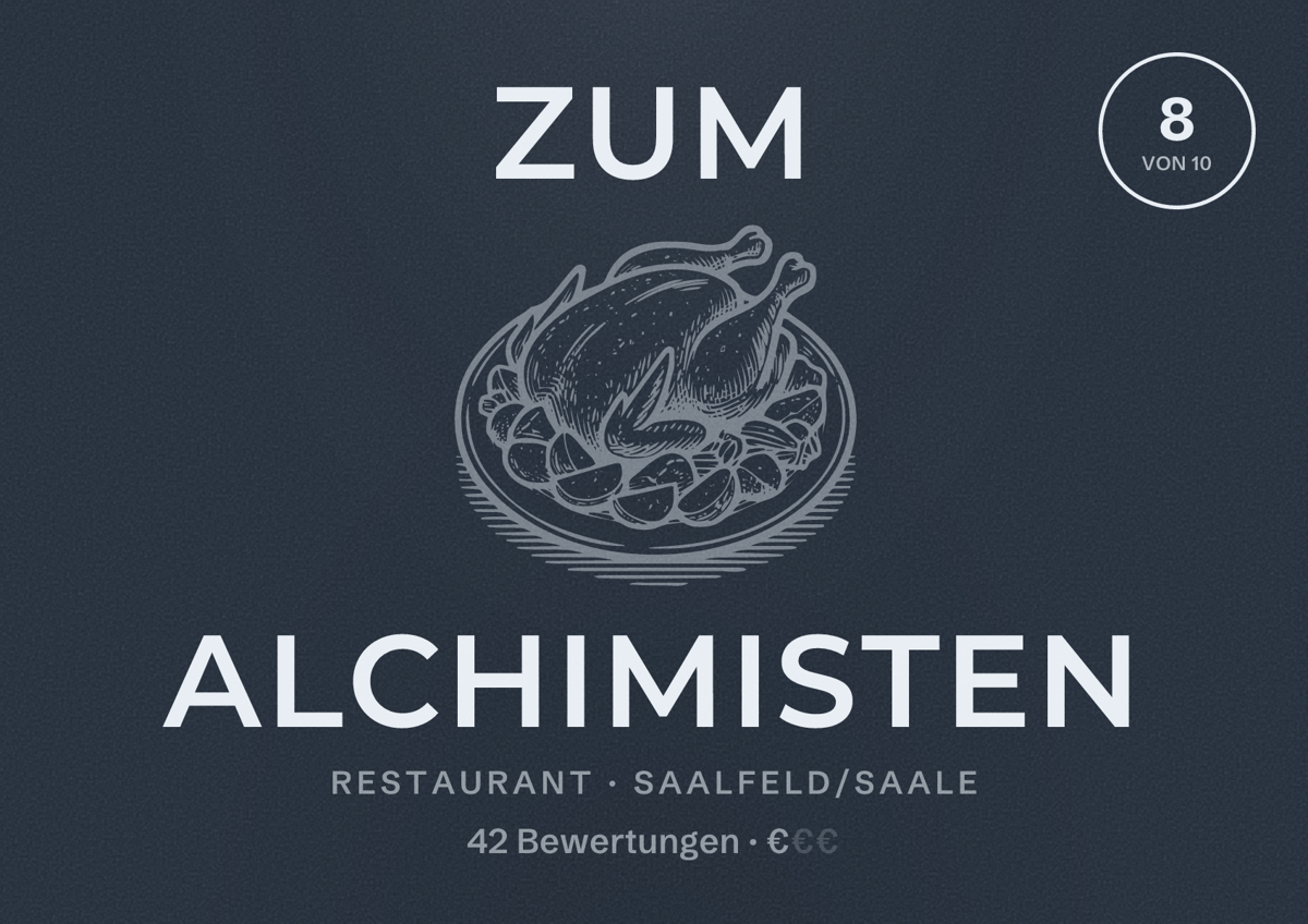 Illustriertes Poster von Zum Alchimisten, Restaurant in Saalfeld/Saale: Bewertung 8 von 10 aus 42 Bewertungen, Preisniveau €